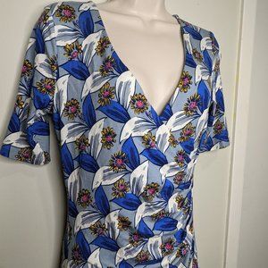 Boden Blue Floral Print Faux Wrap Dress 6 R V Neck